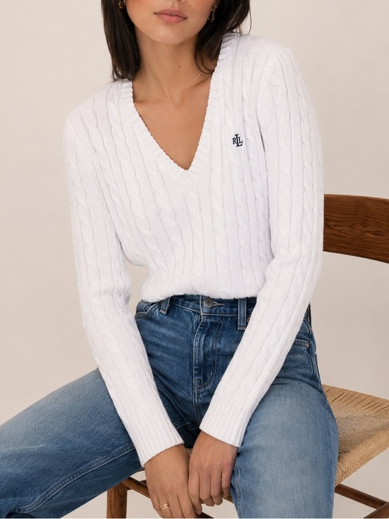 Ralph Lauren Sweaters - Lauren Ralph Lauren White Cable Knit V-Neck Sweater RL Logo Large